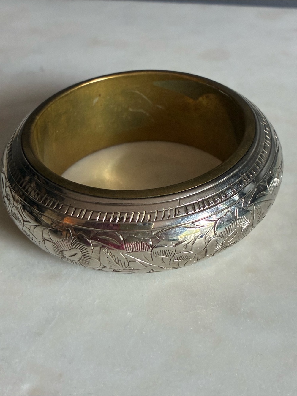 Engraved Floral Silver & Brass Bangle Bracelet Vintage Statement Jewelry